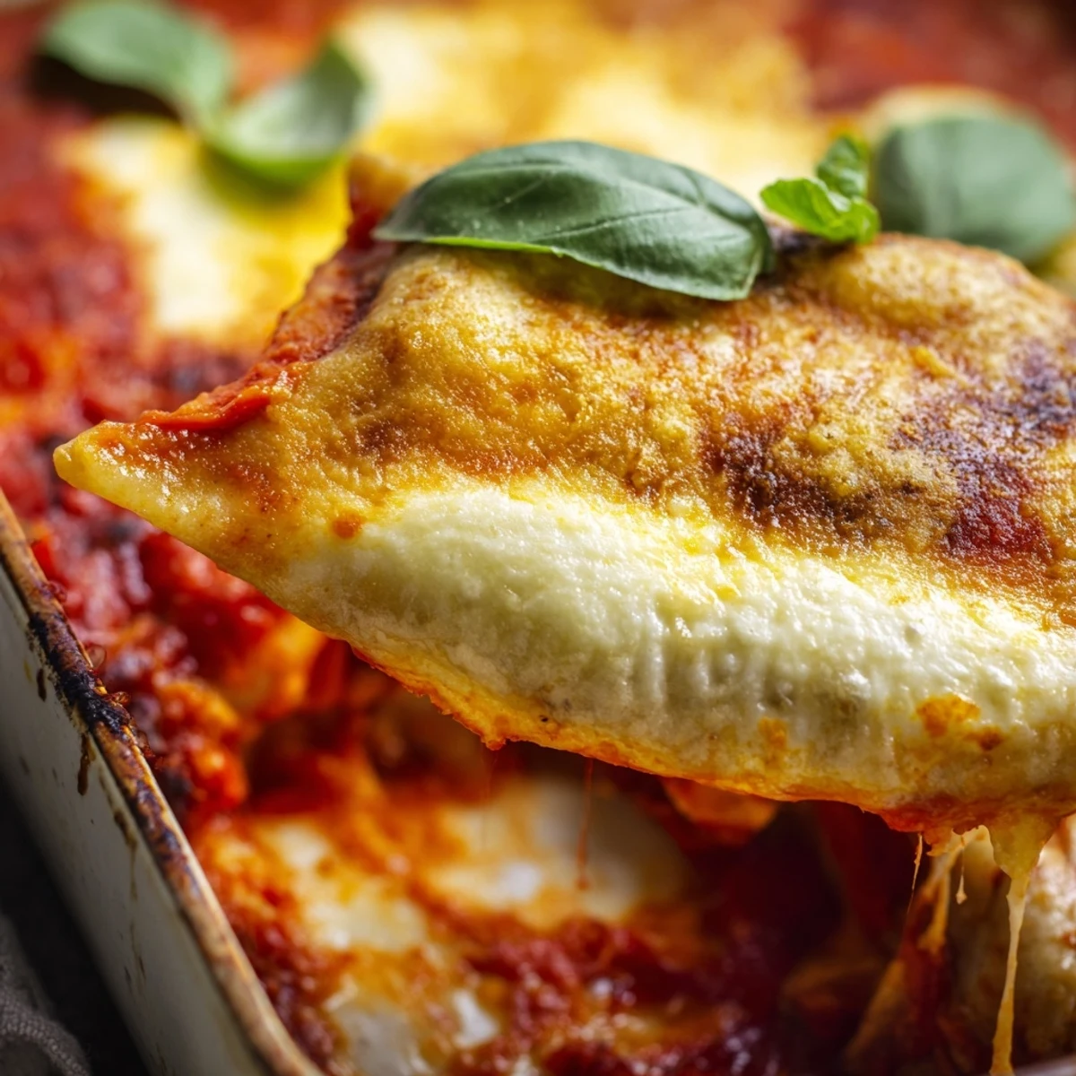 Close up of steaming hot dumpling lasagna with crispy cheese topping and vibrant green basil