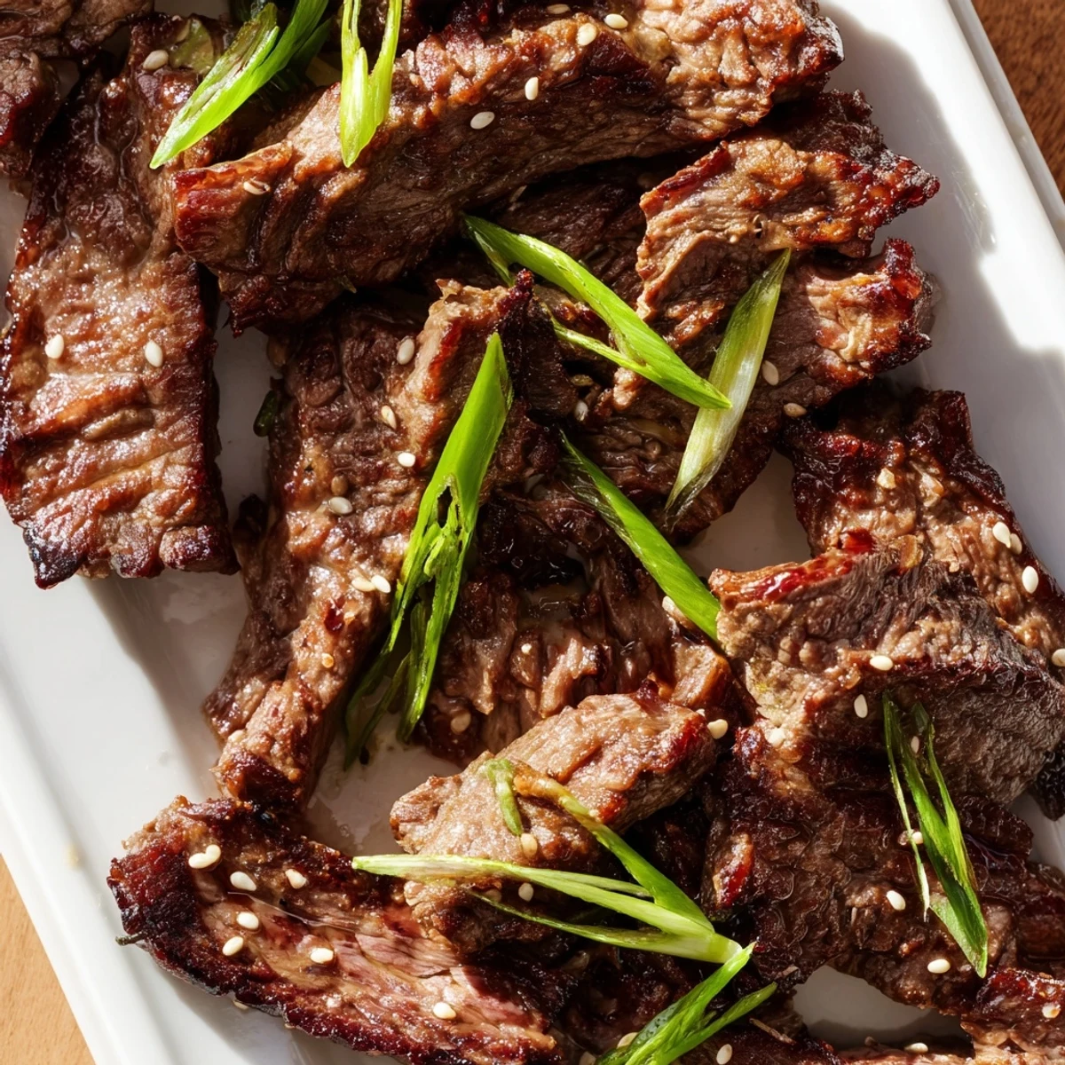 Plate of Korean Galbi grilled ribs garnished with fresh green onions and toasted sesame seeds