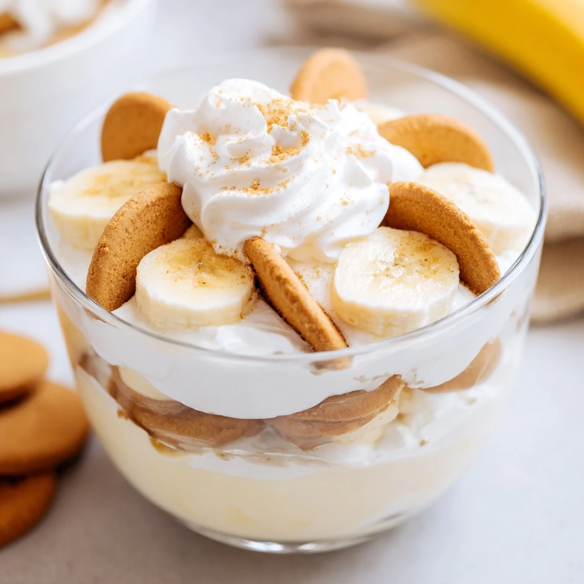Creamy no-bake Biscoff banana pudding dessert stacked with spiced cookies and sweet sliced bananas in clear serving dish