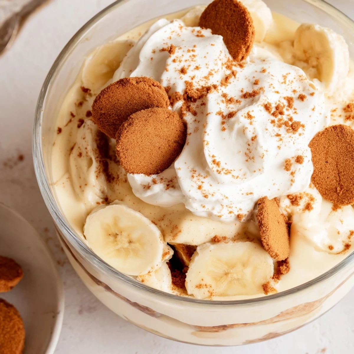 Luscious chilled Biscoff banana pudding showing alternating layers of vanilla cream, ripe bananas, and caramelized cookies