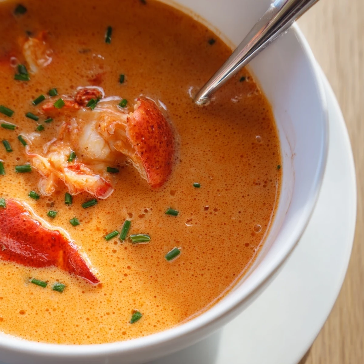 Golden restaurant-style lobster bisque with tender chunks of lobster meat swimming throughout