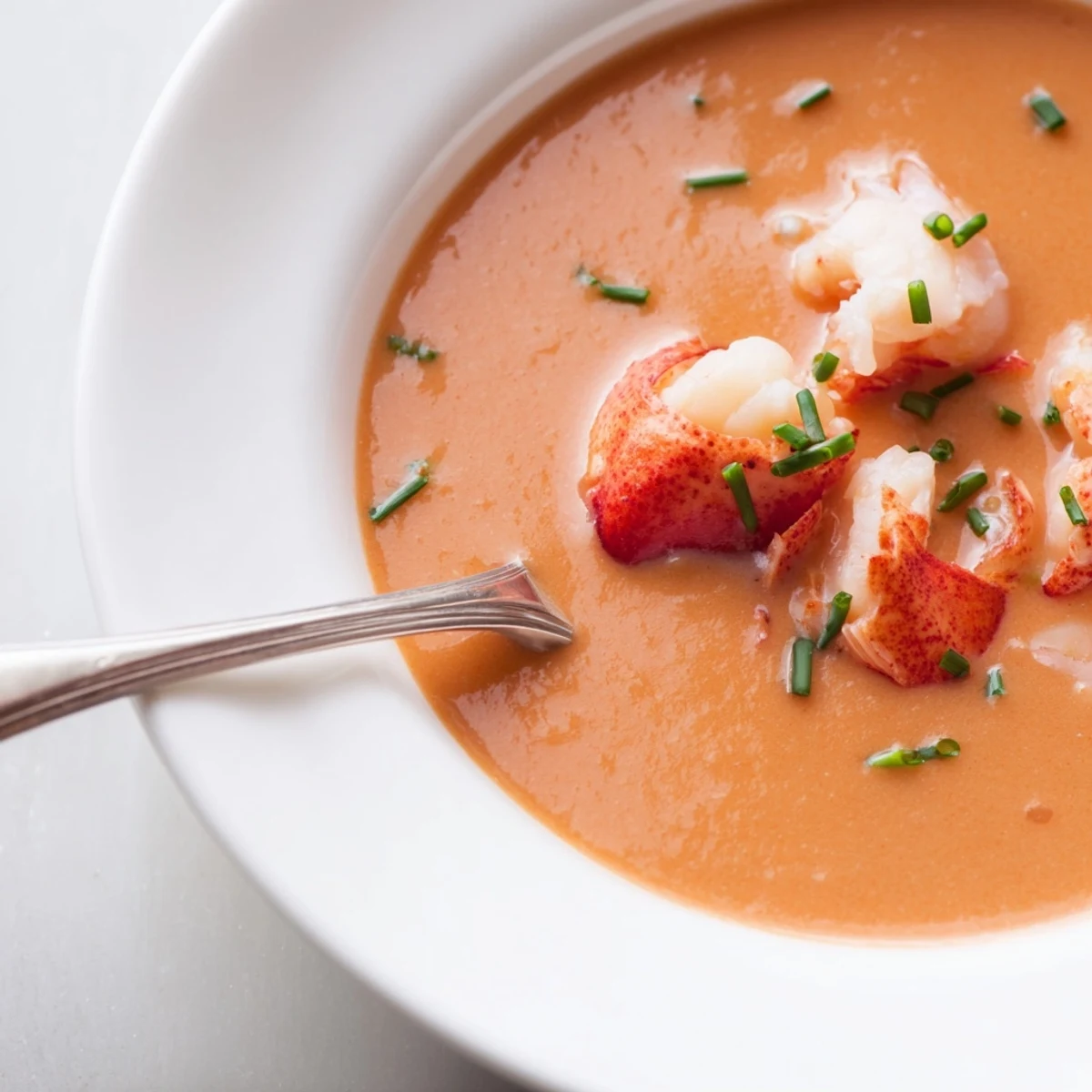 Creamy lobster bisque soup garnished with fresh chives in a white bowl