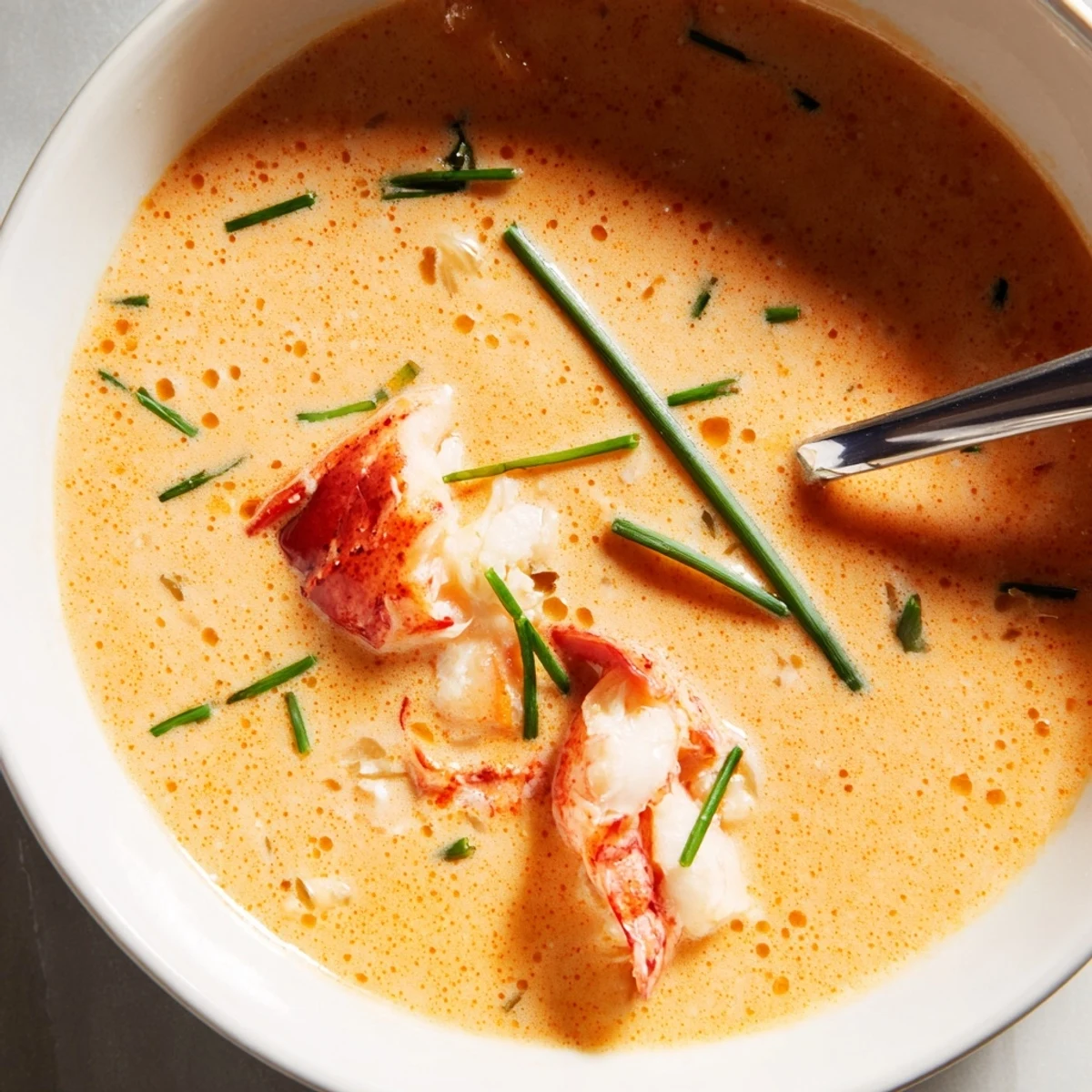 Rich and velvety lobster bisque served in a bowl with chopped green chives