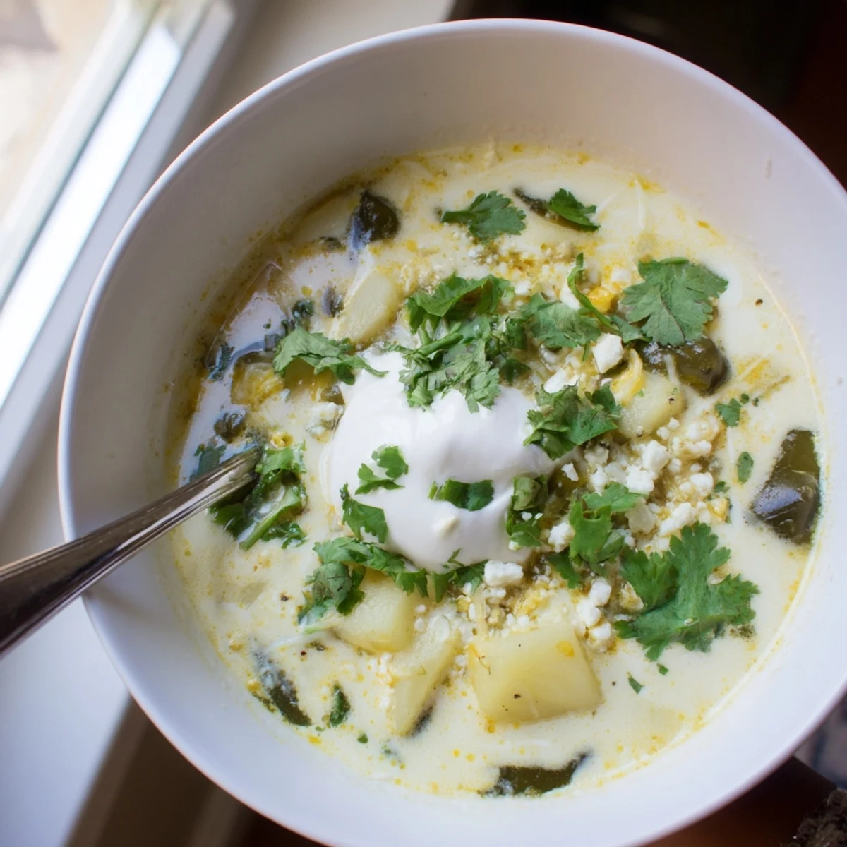 Bowl of cheesy chile relleno soup featuring roasted poblano peppers and melted cheese