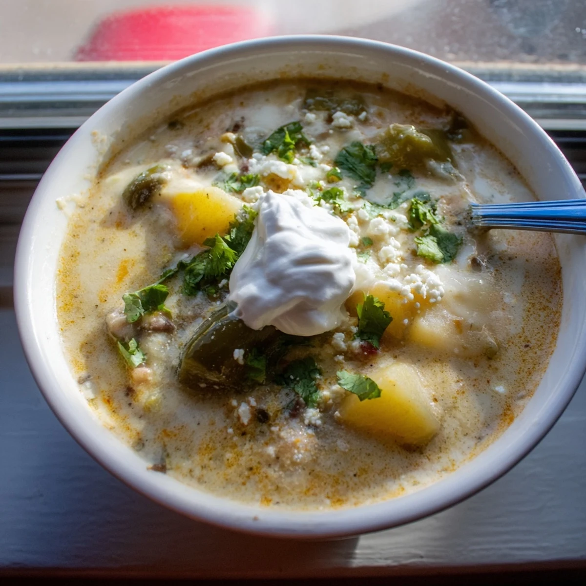 Creamy chile relleno soup topped with fresh cilantro and crumbled tortilla strips