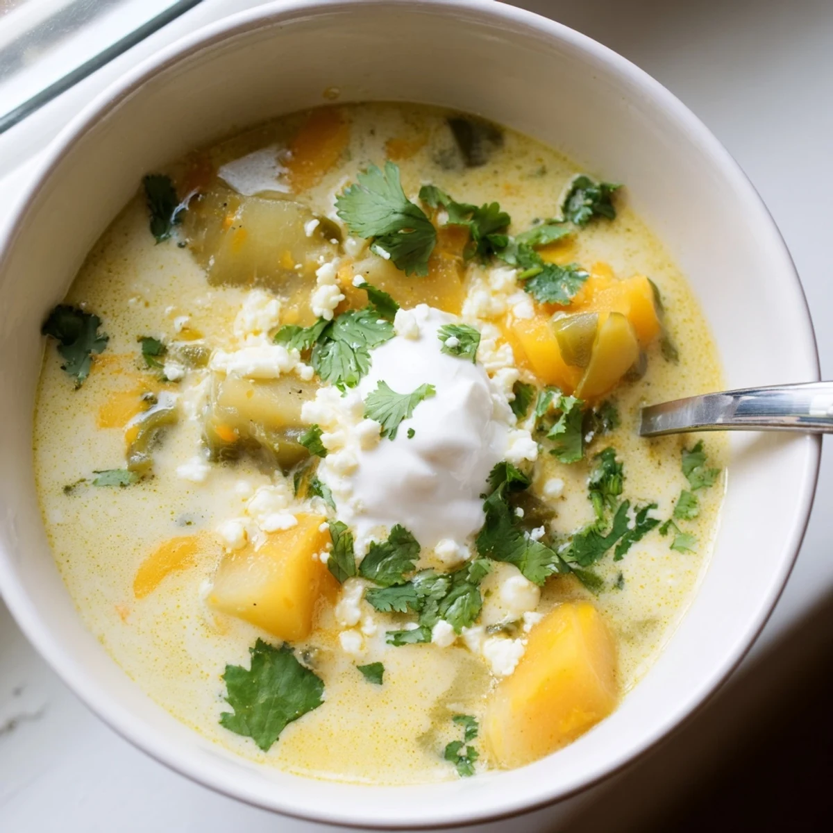 Steamy chile relleno soup garnished with queso fresco and bright green cilantro