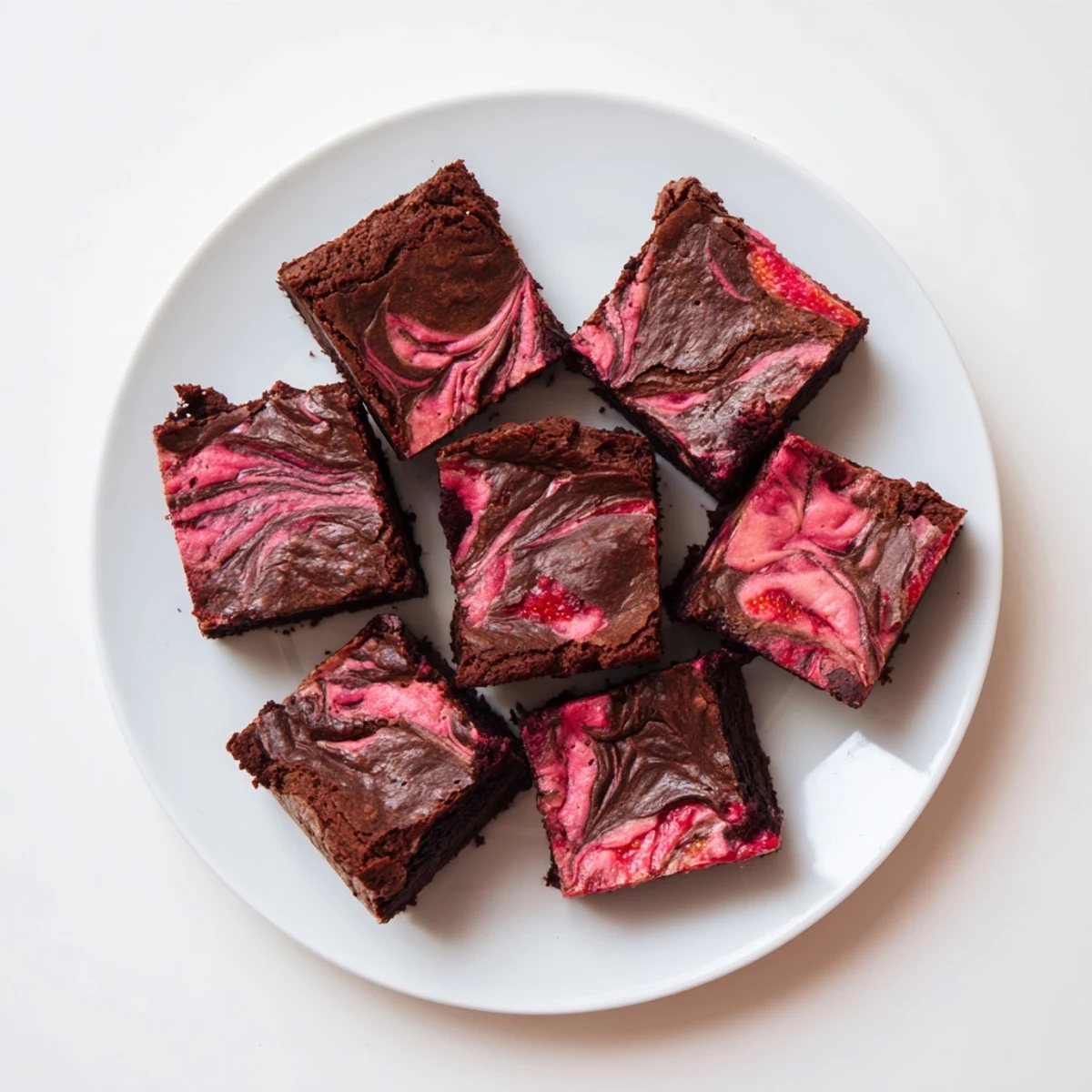 Fudgy strawberry brownies with marbled strawberry swirl on a chocolate dessert plate