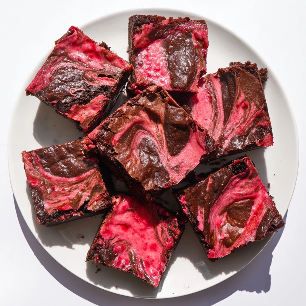 Rich chocolate strawberry brownies sliced into squares topped with fresh strawberry garnish