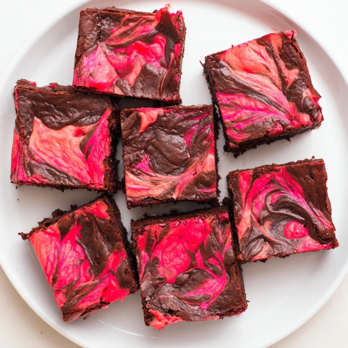 Homemade strawberry brownies showcasing pink fruit swirls throughout the dark fudgy baked bars