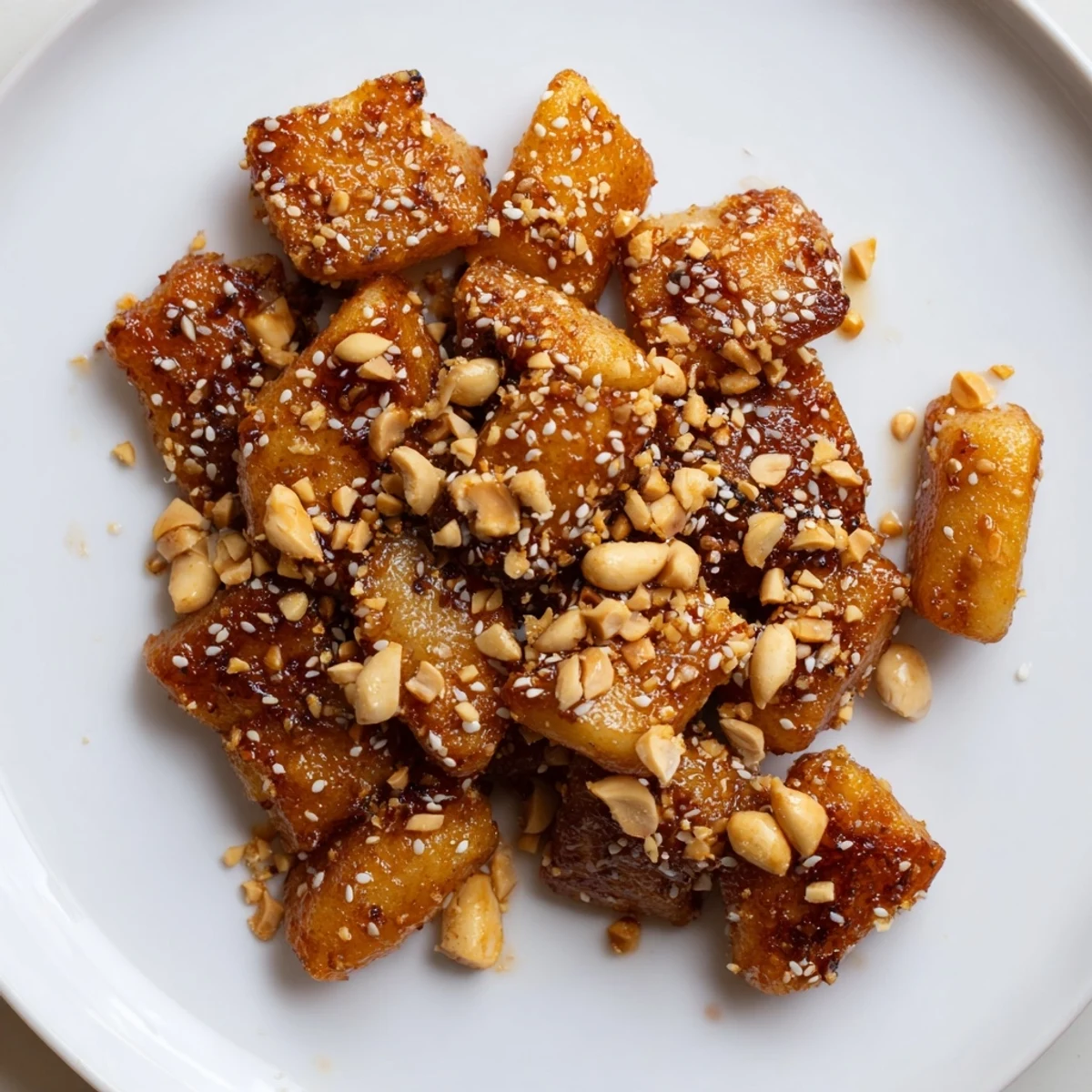 Golden Korean pan fried rice cakes coated in glossy sweet butter glaze with sesame seeds