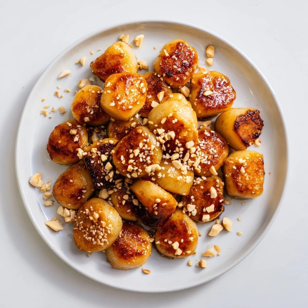 Plate of Korean rice cakes in sweet butter glaze sprinkled with toasted sesame and peanuts