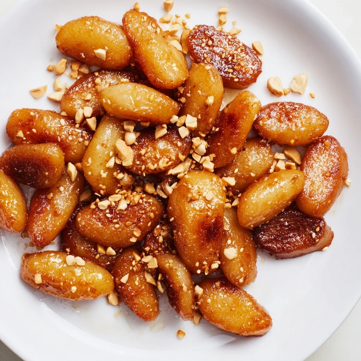 Chewy tteok rice cakes pan fried until crispy then drizzled with luscious honey butter sauce