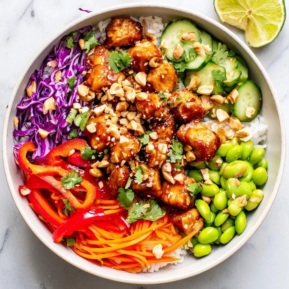 Golden glazed chicken pieces atop jasmine rice surrounded by colorful crunchy vegetables and fresh cilantro garnish
