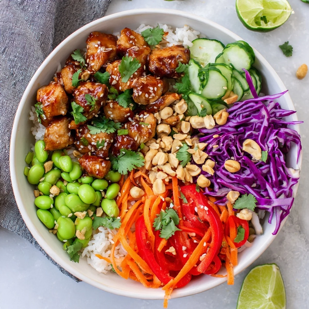 Close up of tender sweet chili chicken arranged over fluffy rice with shredded purple cabbage and peanuts