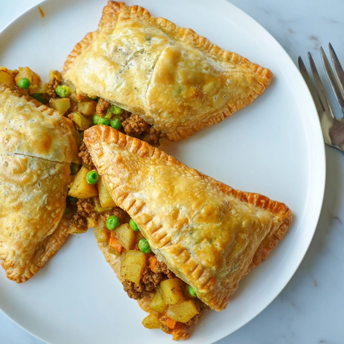 Savory curry puffs with beef baked until golden brown, revealing aromatic curried meat inside