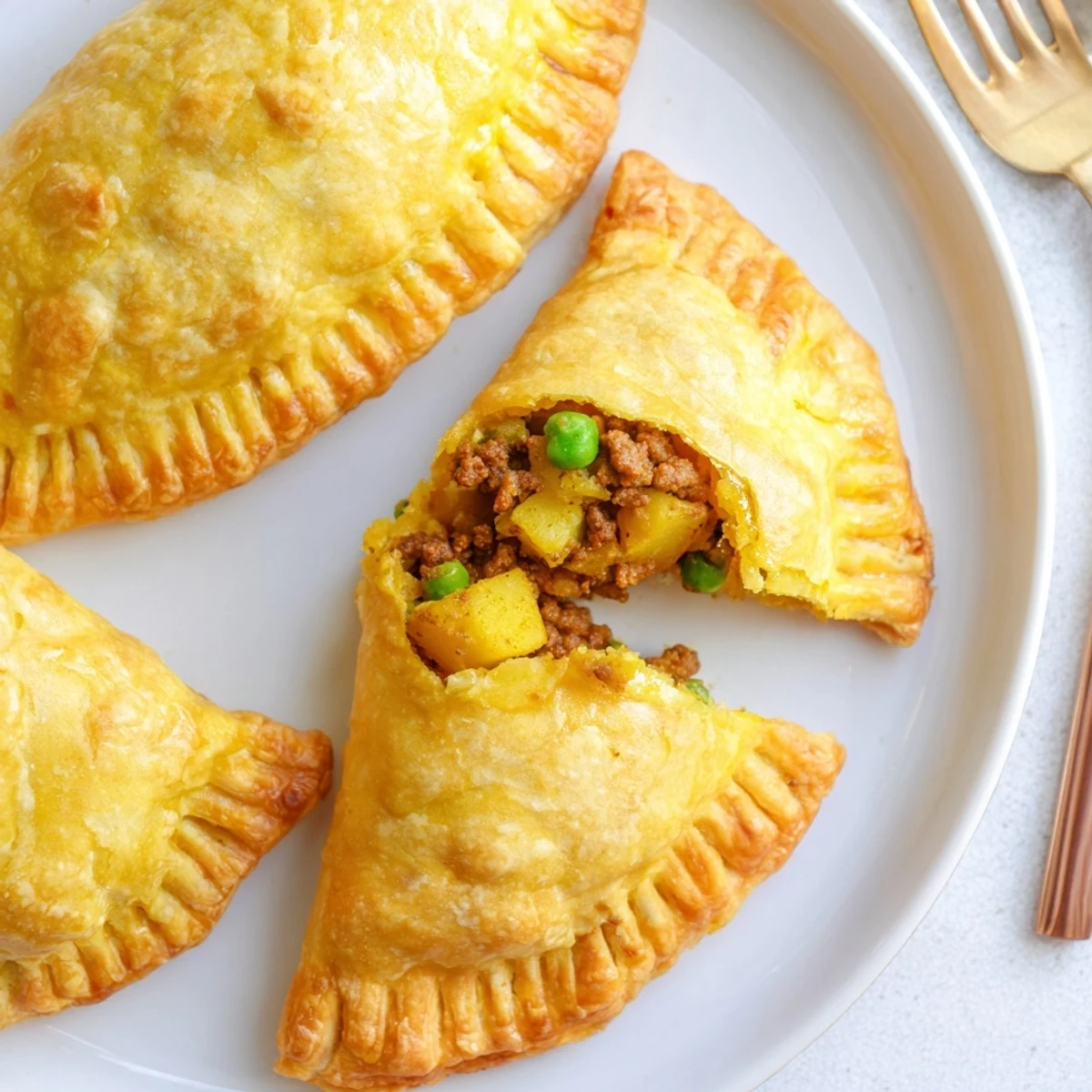 Handheld curry puffs with beef boasting crisp layers and seasoned ground beef filling