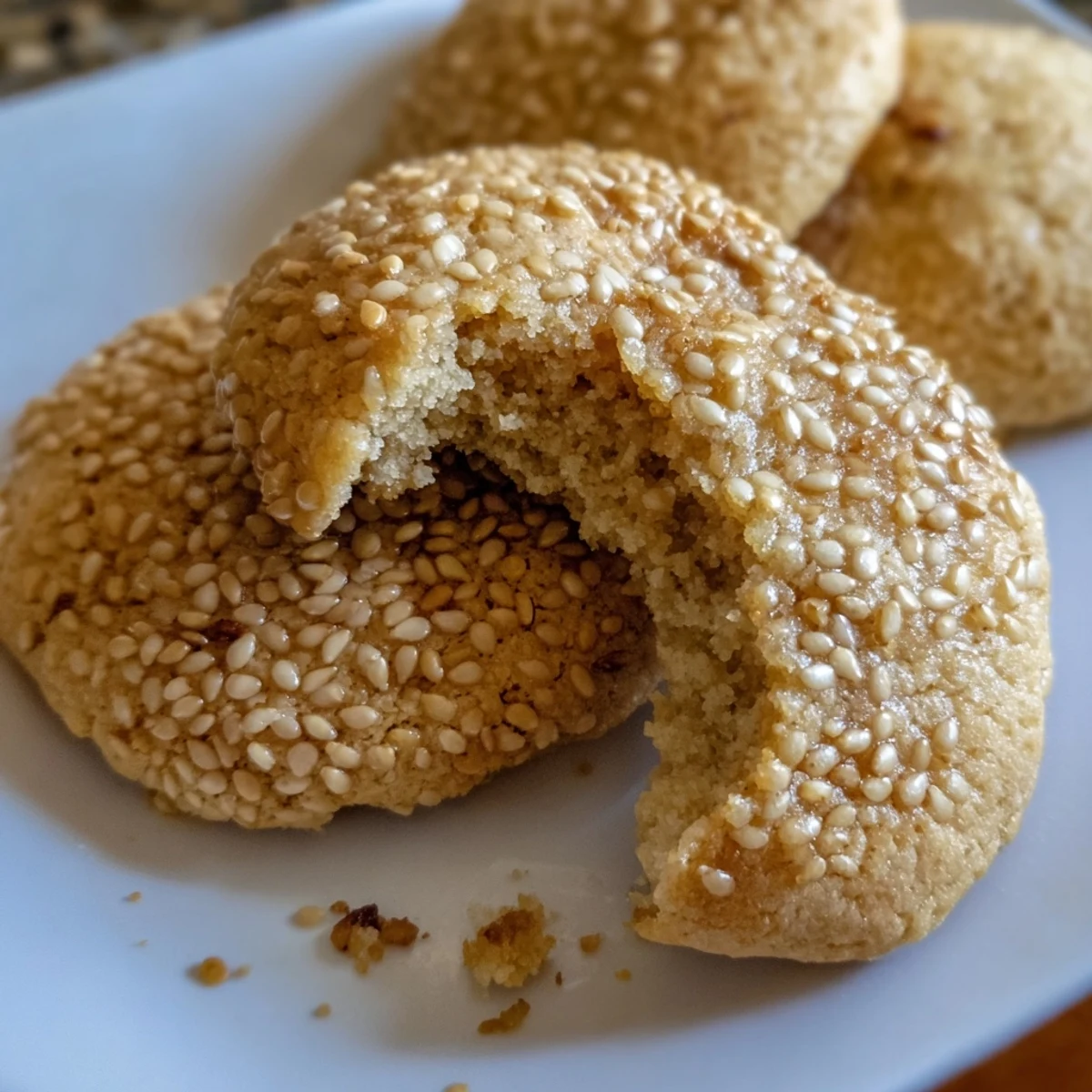Golden brown easy chewy sesame honey cookies sprinkled with toasted seeds on a white plate