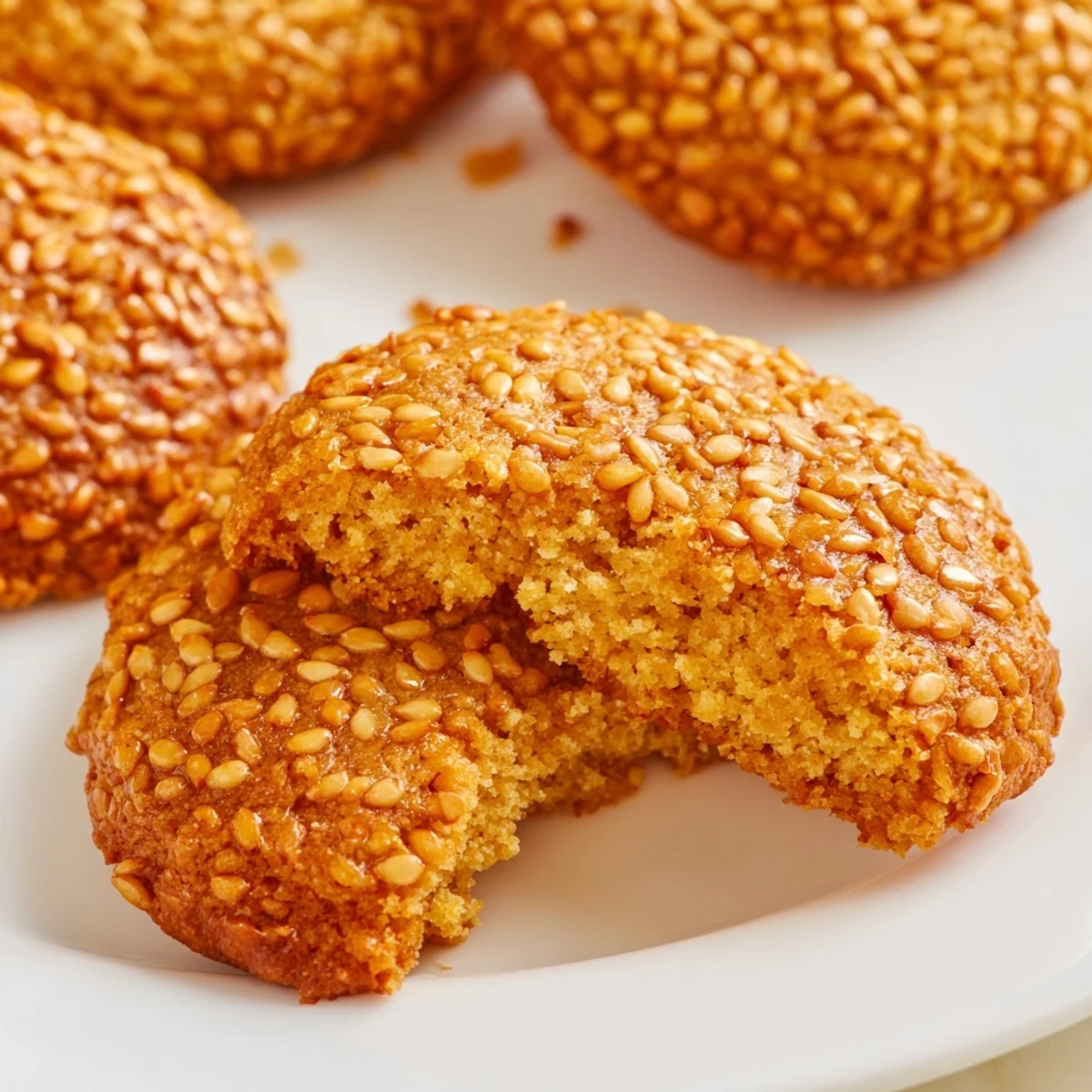 Stack of soft easy chewy sesame honey cookies with honey drizzle and sesame coating