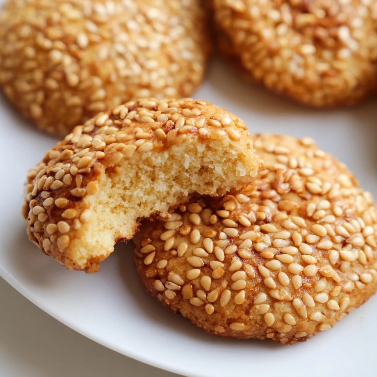 Freshly baked easy chewy sesame honey cookies showing crisp edges and soft centers