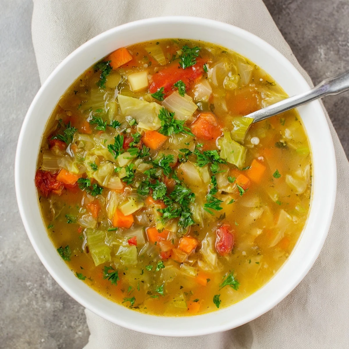 Steaming bowl of hearty cabbage soup loaded with colorful vegetables and fresh parsley garnish