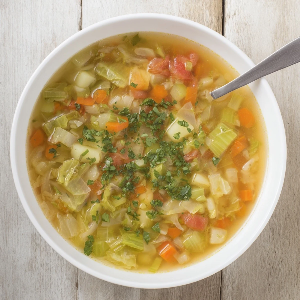Vegan cabbage soup simmered with carrots, celery, and tomatoes in a rich vegetable broth