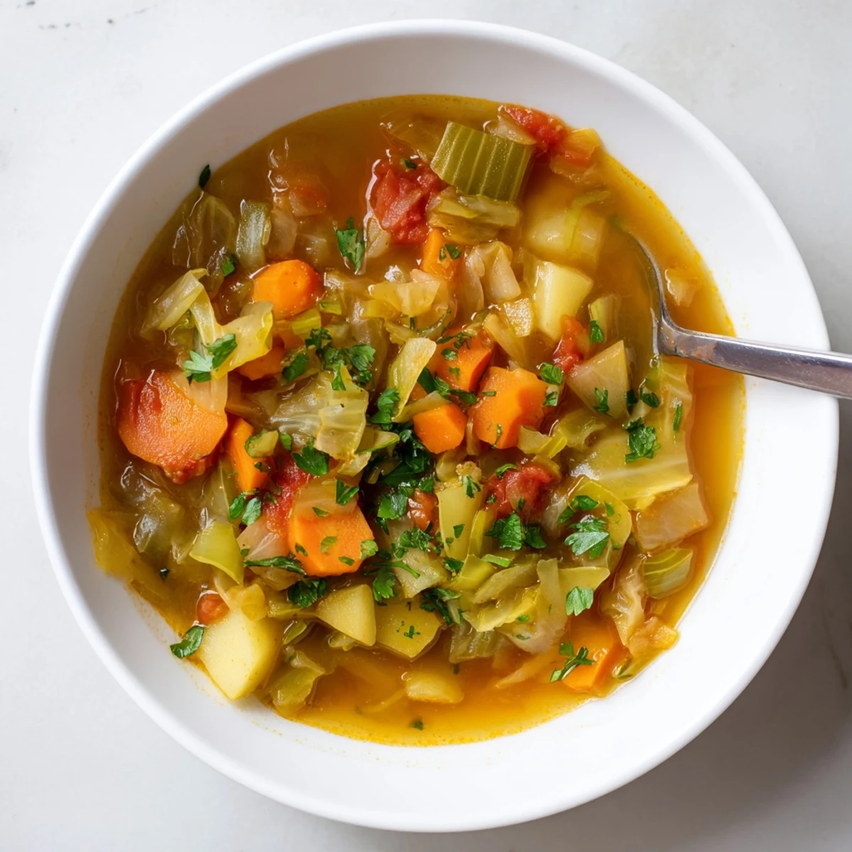 Comforting cabbage soup featuring tender green cabbage and savory herbs in a rustic soup pot