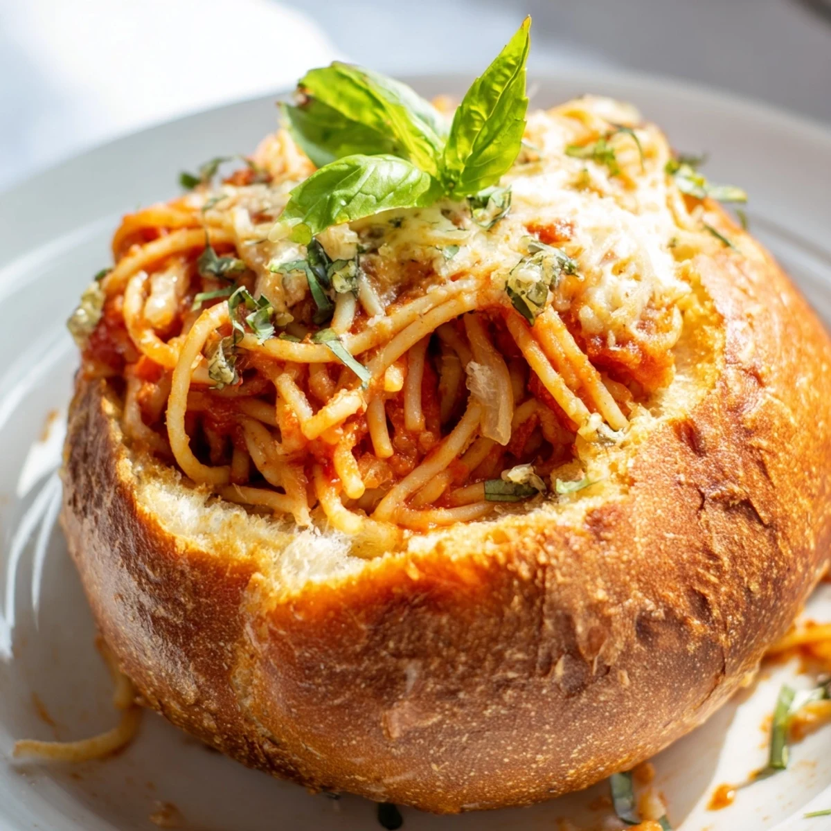 Crispy garlic bread bowl overflowing with cheesy spaghetti pasta and fresh basil garnish