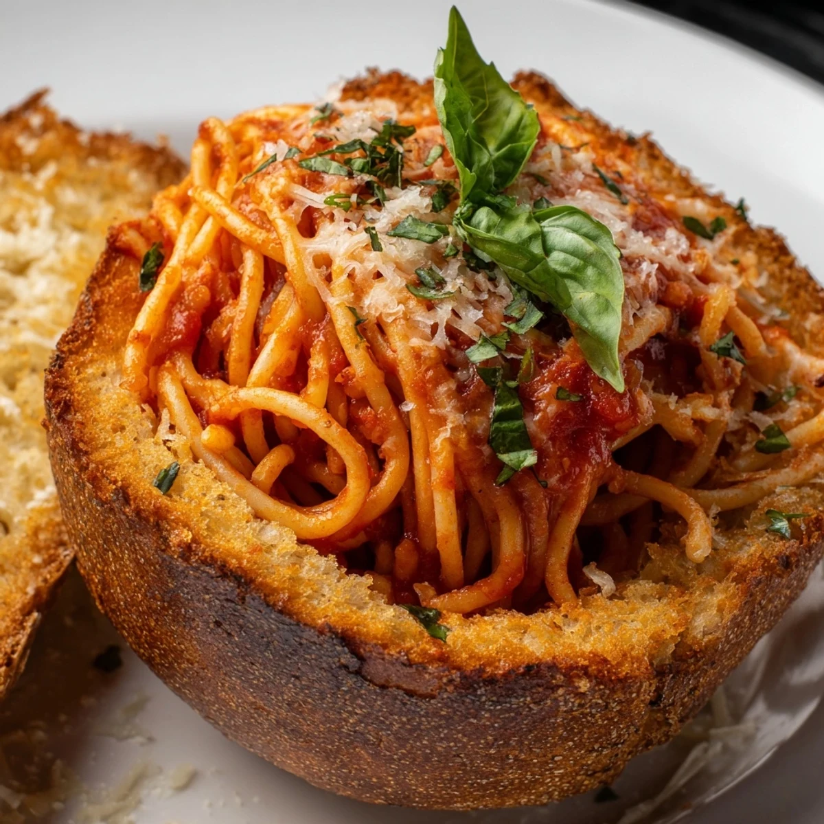 Golden crispy garlic bread bowl filled with steaming spaghetti and rich marinara sauce