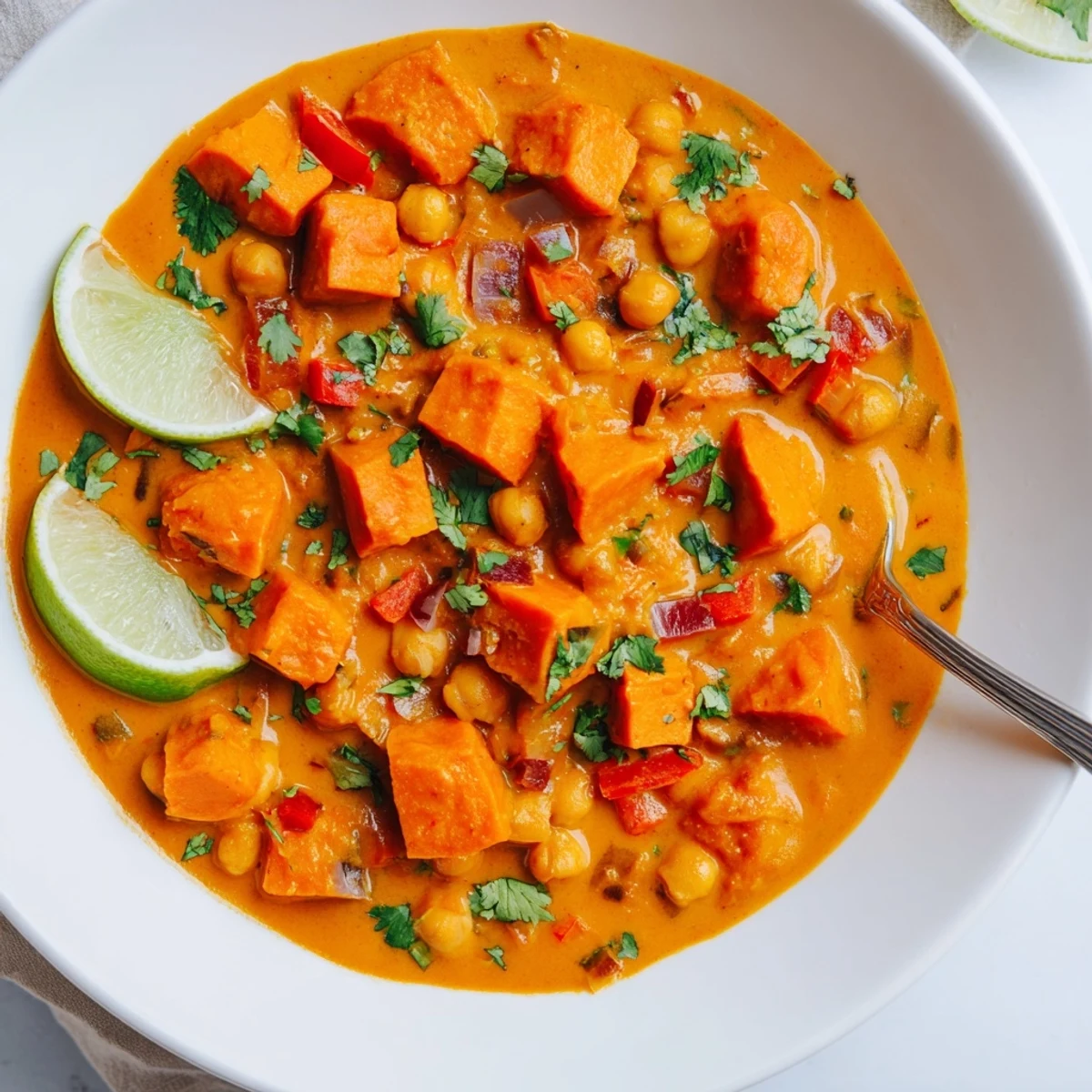 Creamy chickpea and sweet potato curry simmered in rich coconut tomato sauce with fresh cilantro garnish