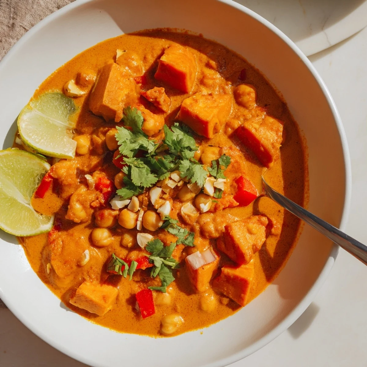 Hearty bowl of chickpea and sweet potato curry served over steaming basmati rice with lime wedge