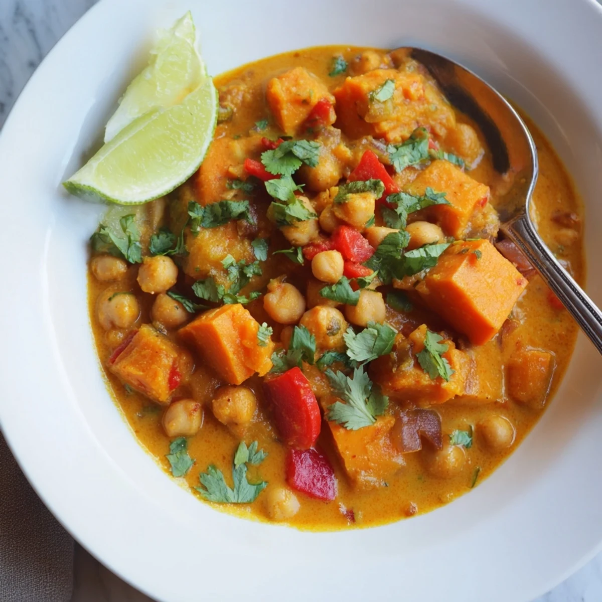 Golden sweet potato cubes and tender chickpeas swimming in aromatic spiced curry broth with red bell pepper