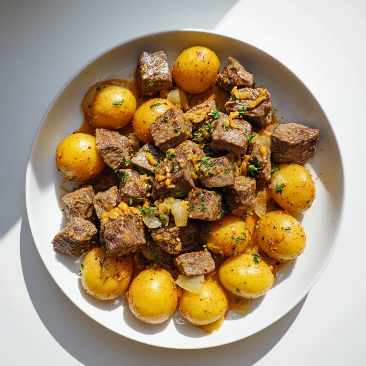 Tender slow cooker garlic butter steak bites with golden baby potatoes in a rich sauce