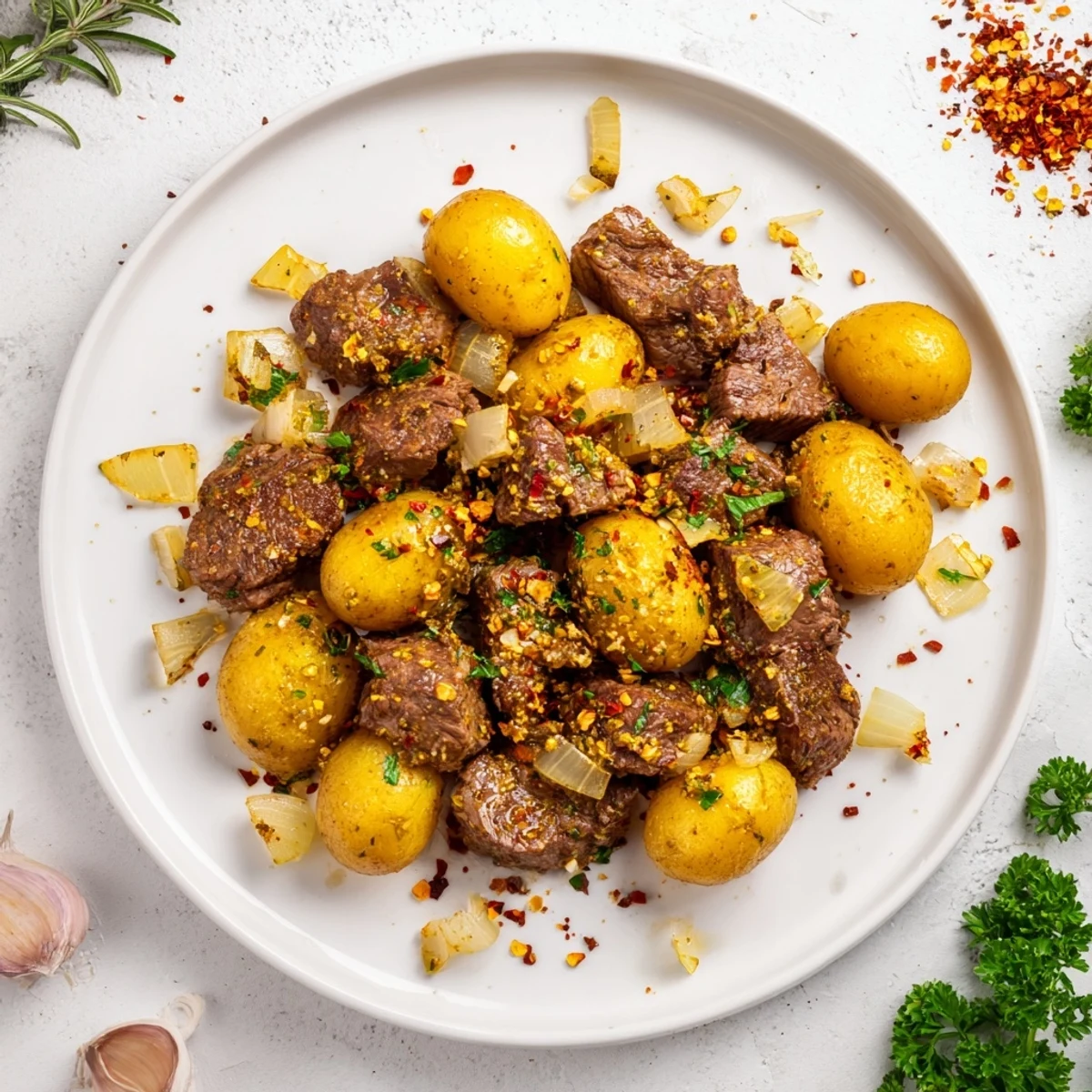Golden slow cooker garlic butter steak bites with potatoes garnished with fresh parsley