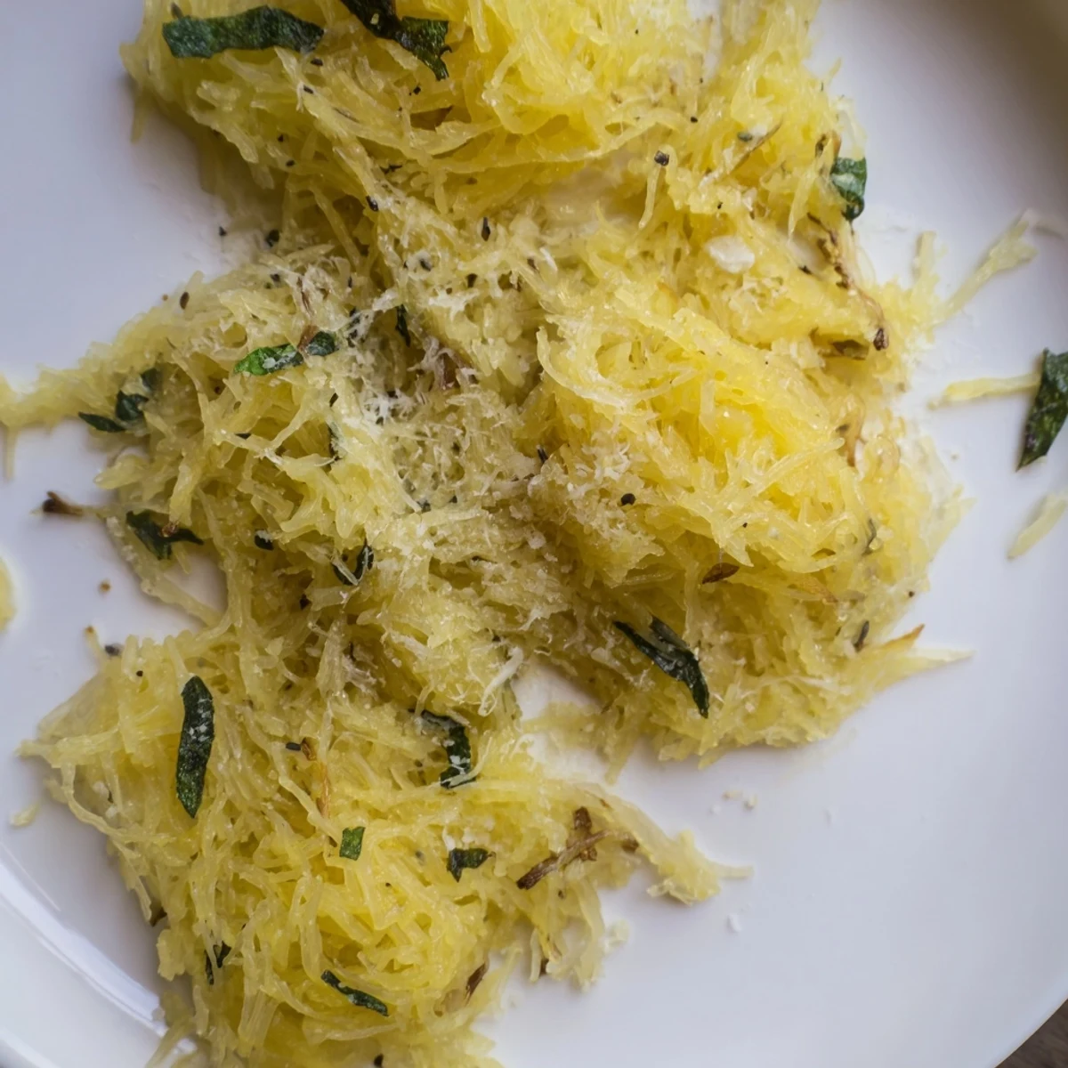 Golden baked spaghetti squash strands tossed with melted Boursin cheese and wilted spinach in a white bowl