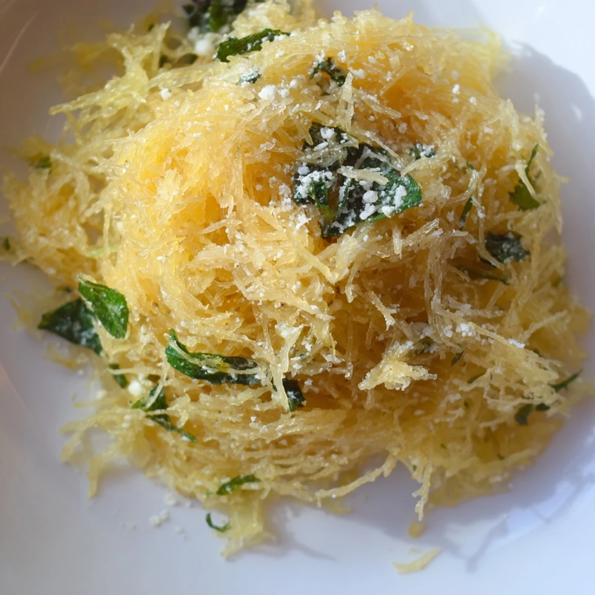 Creamy Boursin spaghetti squash with fresh parmesan sprinkled on top, served in a ceramic serving dish