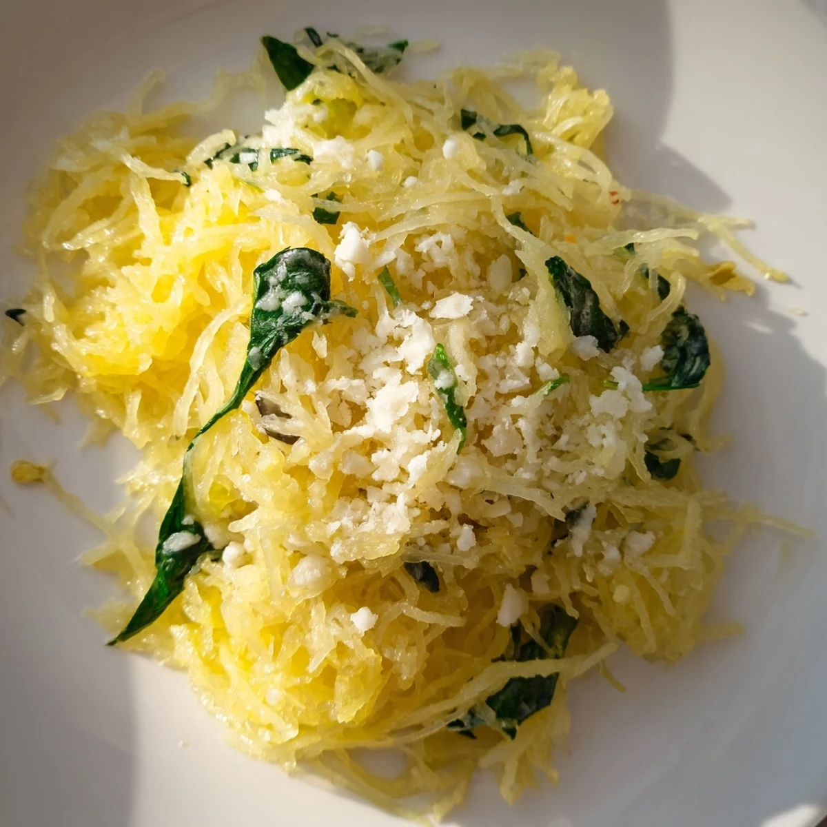 Fork-twirled spaghetti squash mixed with herbaceous Boursin cheese and tender green spinach for a low-carb dinner