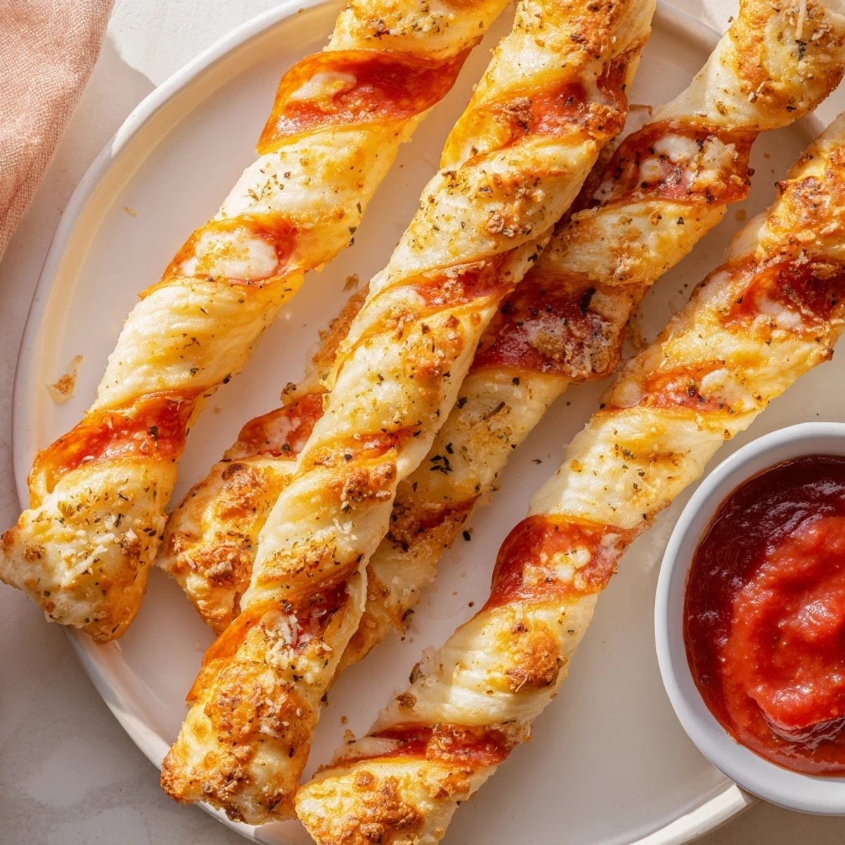 Golden festive candy cane pizza breadsticks topped with melted mozzarella and pepperoni stripes