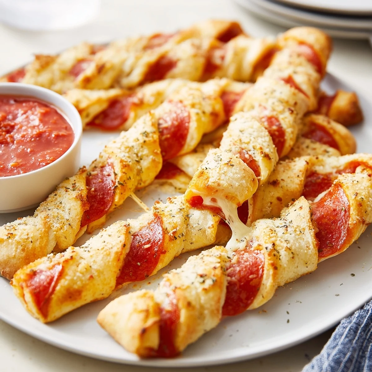 Soft twisted breadsticks shaped like candy canes brushed with garlic butter and cheese