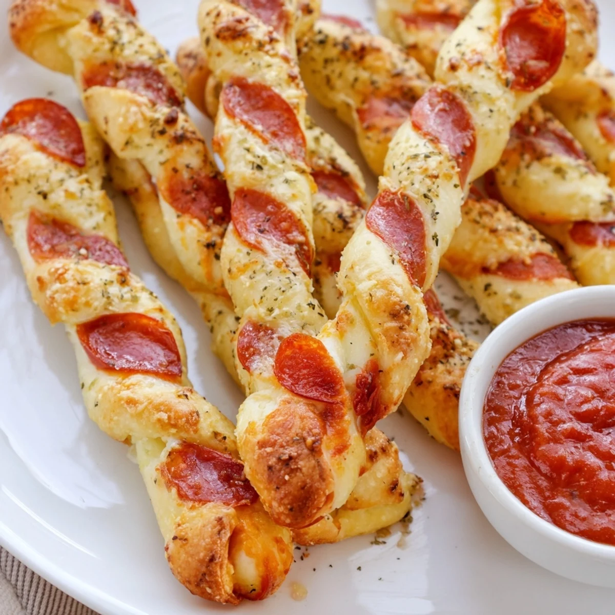 Holiday pizza breadsticks arranged in candy cane shapes with pepperoni and bubbling cheese