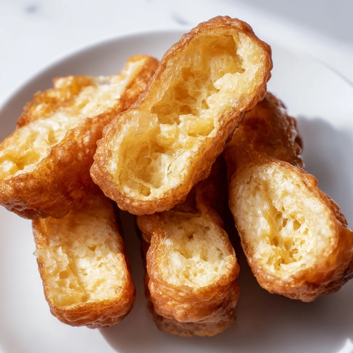 Traditional Youtiao resting on wire rack after frying until golden brown and perfectly crispy