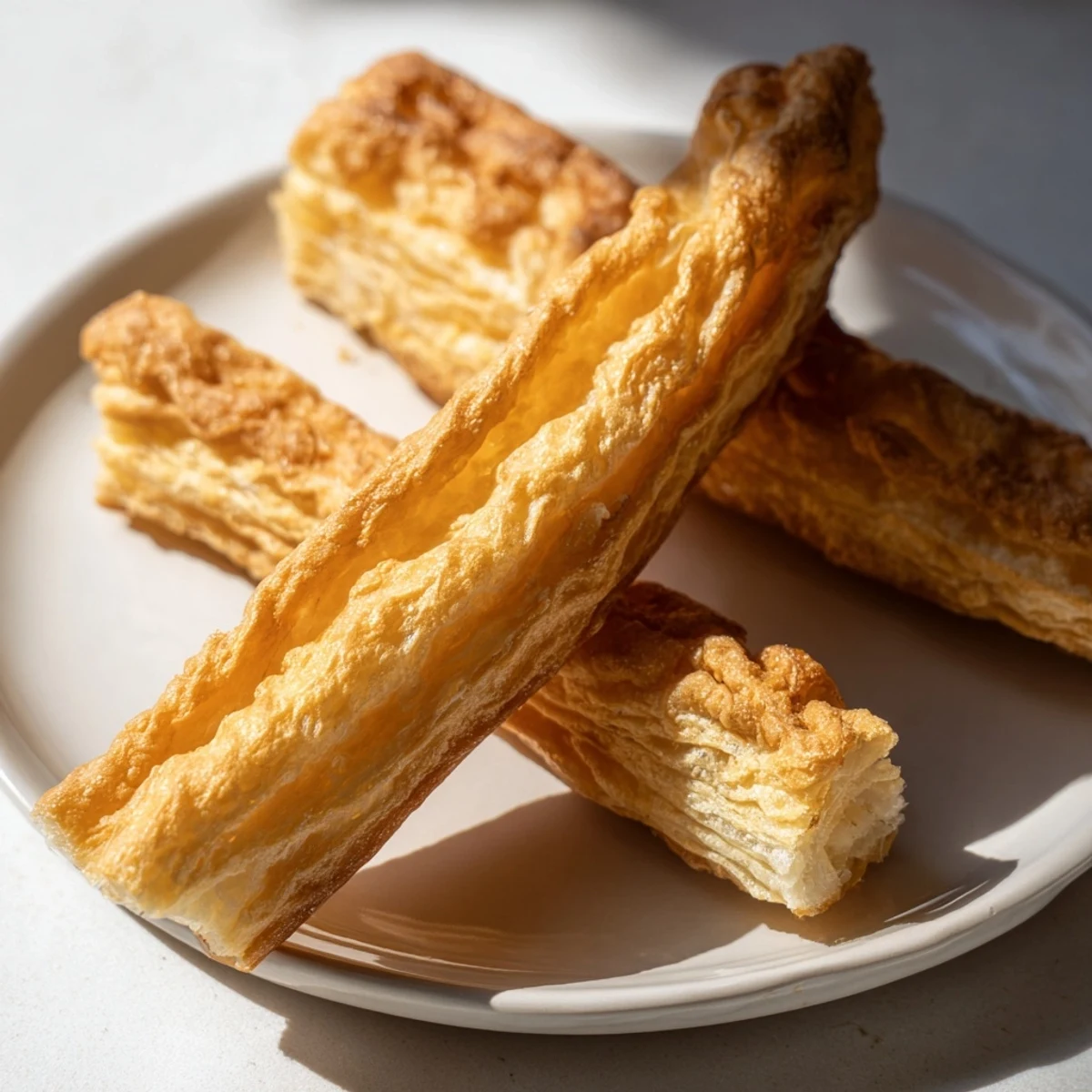 Pair of deep-fried Youtiao sticks pulled apart showing signature puffy layered texture