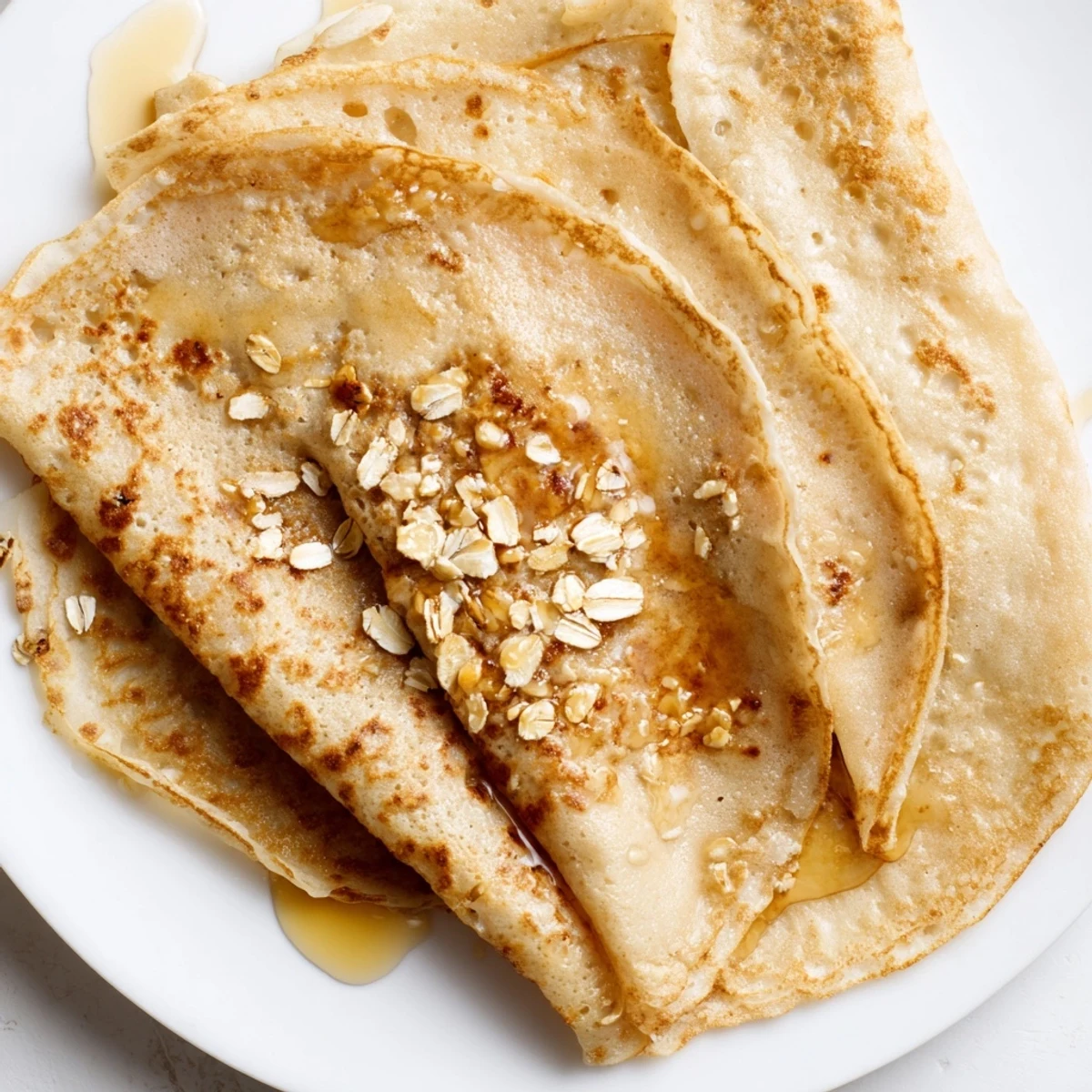 Golden healthy oatmeal crepes stacked on a white plate, dusted with powdered sugar