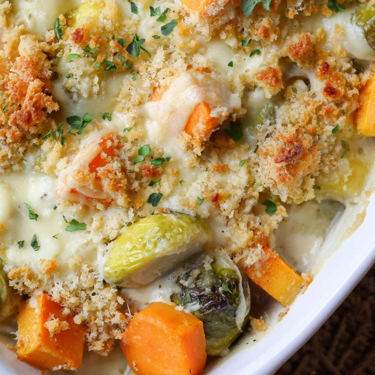 Oven-baked winter vegetable casserole featuring tender squash parsnips and carrots swimming in a rich herbed cream sauce