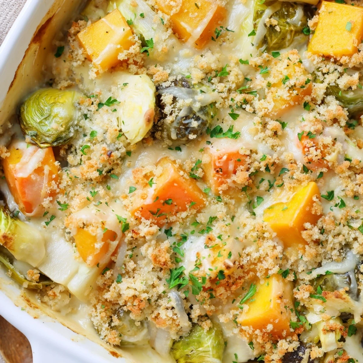 Comforting winter vegetable casserole with golden browned cheesy breadcrumb crust served piping hot from a 9x13 baking dish