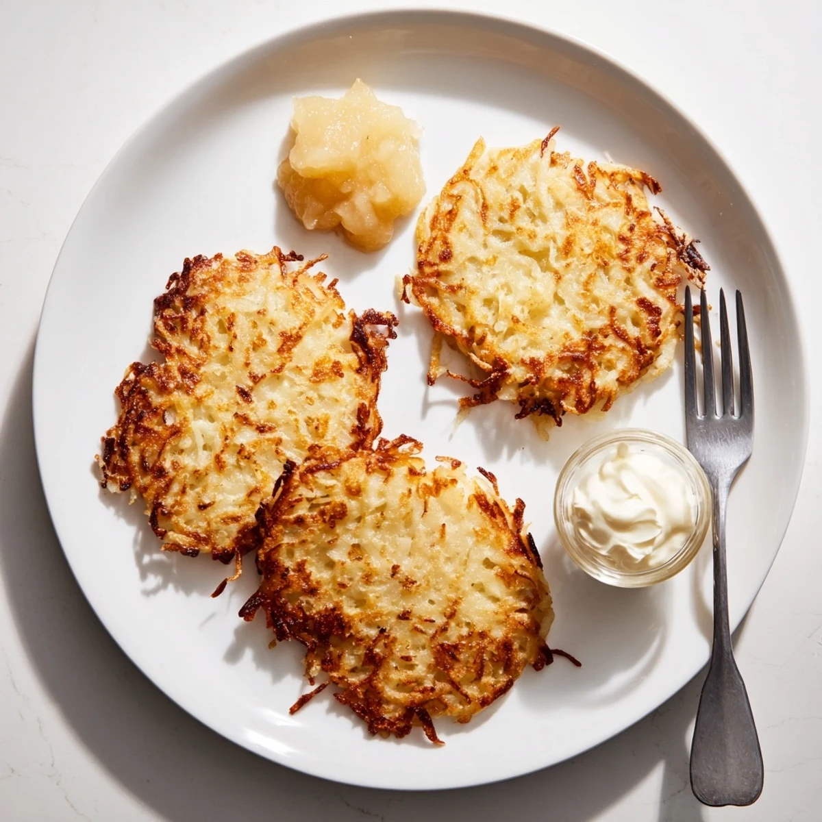 Golden brown German potato pancakes frying in a skillet with crispy edges