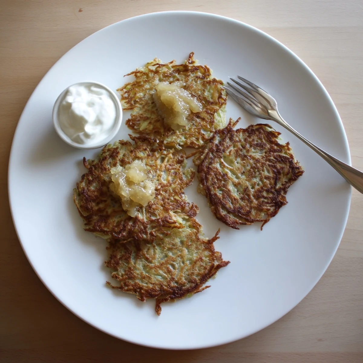 Stack of traditional German potato pancakes served with dollops of applesauce and sour cream