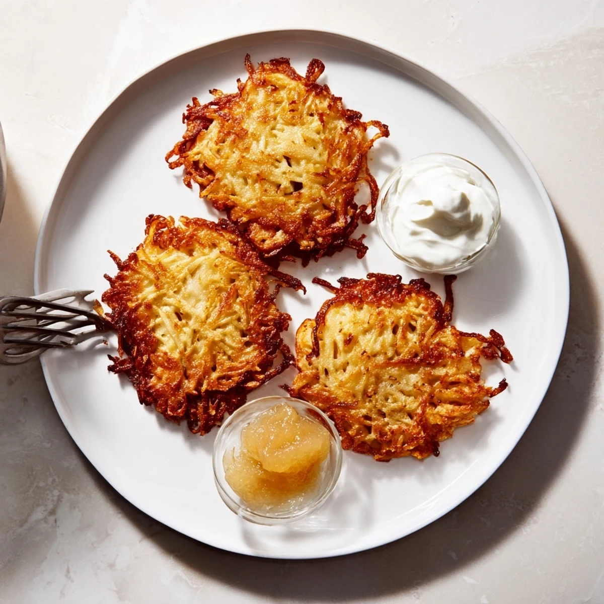 Homemade German potato pancakes on a white plate with fresh apple slices on the side