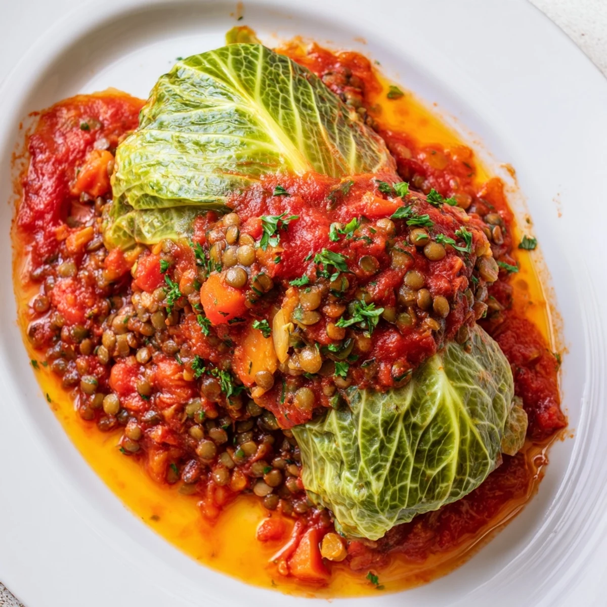 Golden baked vegan cabbage rolls filled with lentils and rice in rich tomato sauce