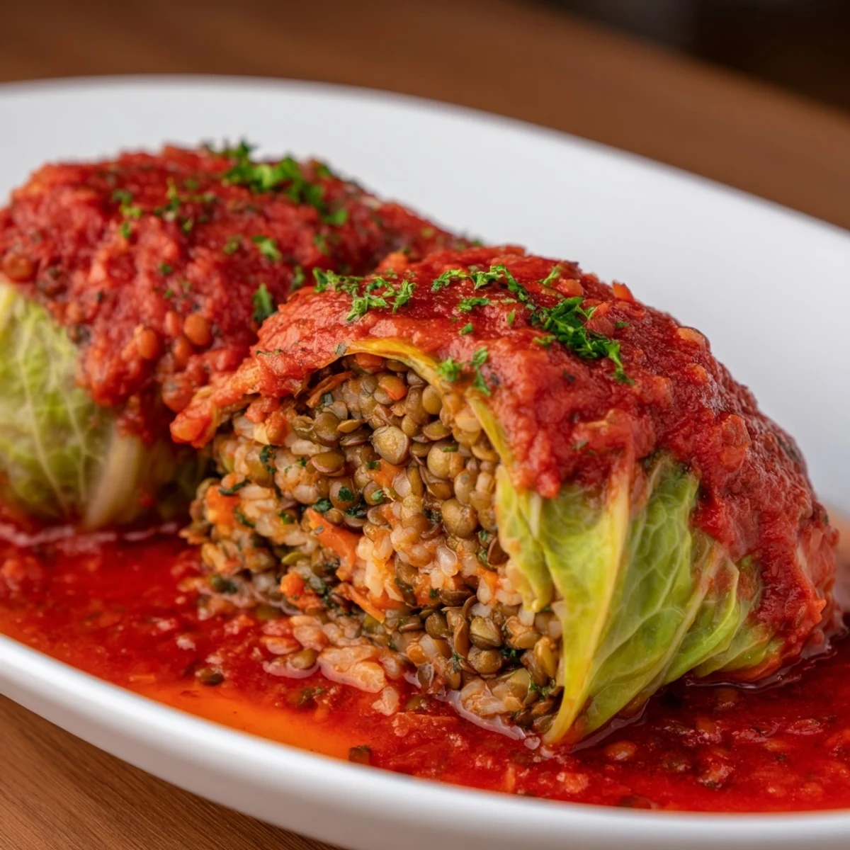 Hearty plant-based vegan cabbage rolls bubbling in zesty tomato sauce, garnished with fresh parsley