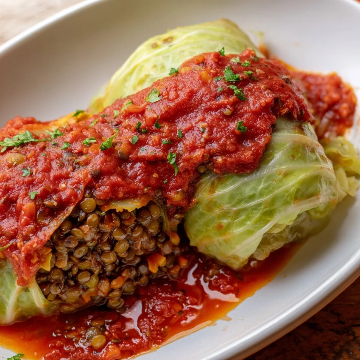 Tender green cabbage leaves stuffed with savory lentil rice mixture smothered in crushed tomatoes